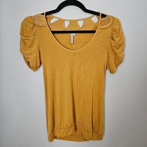 BCBGeneration Blouse Short Sleeve Top Mustard Yellow Scallop Details Cutouts